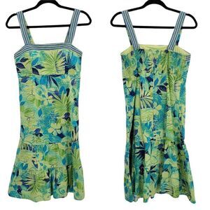 80's Tropical Cotton Tiered‎ Ruffle Drop Waist Prairie Apron Dress Green Sz 8